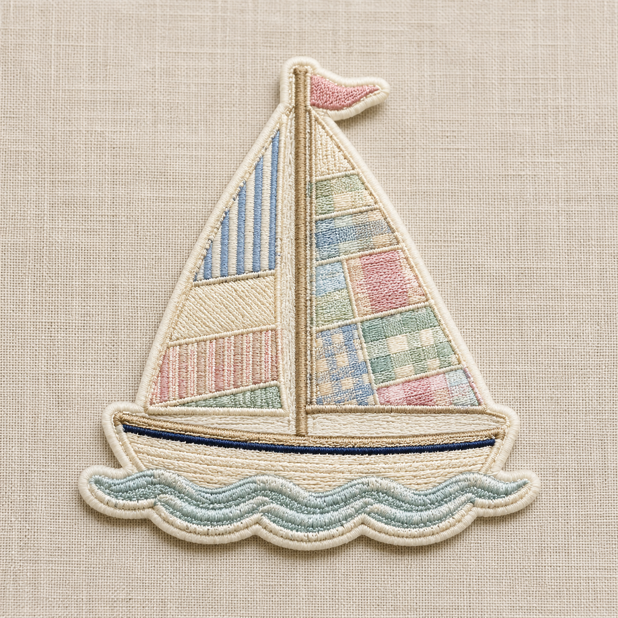 Patchwork Quilt Sailboat Embroidered Iron-On Patch