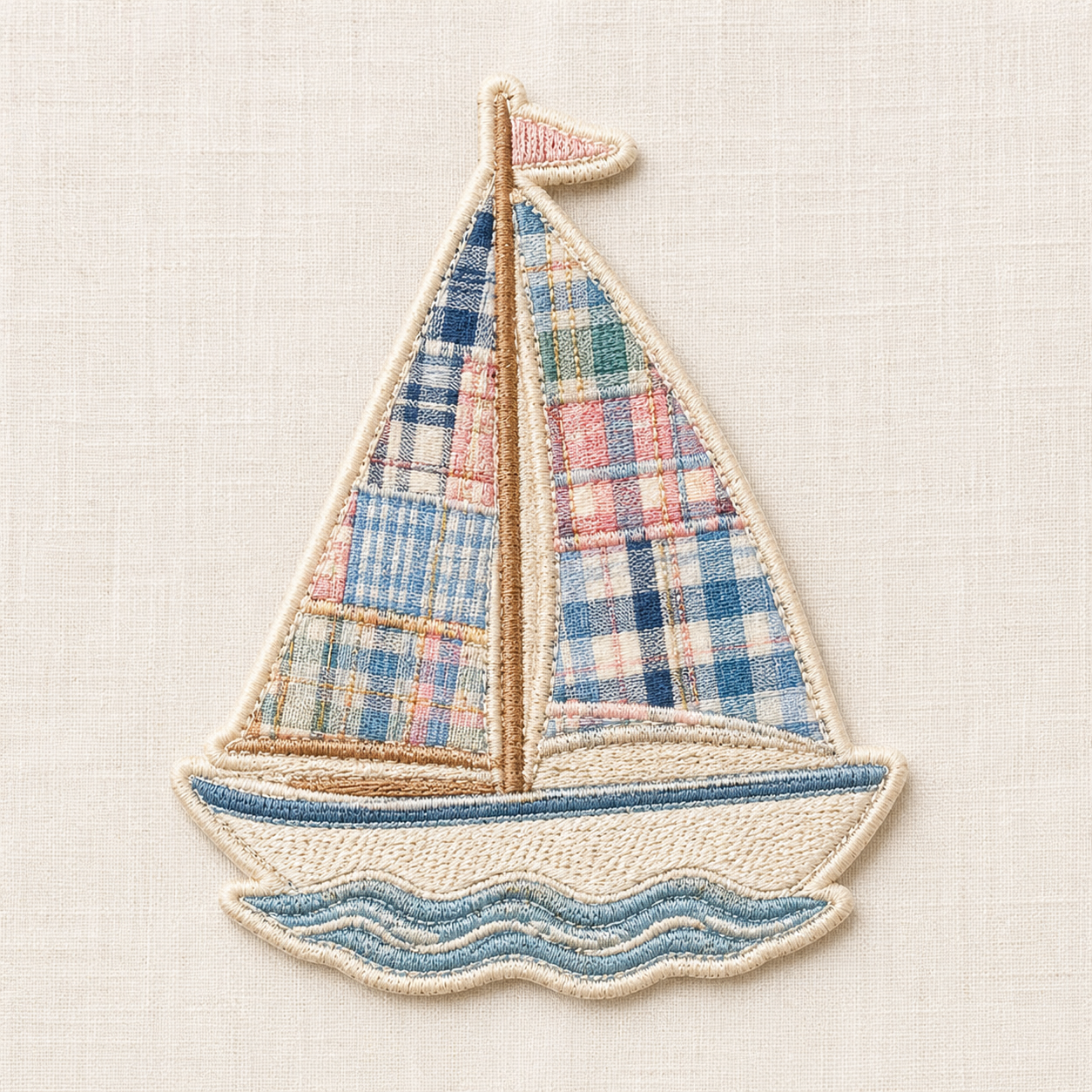 Madras Patchwork Sailboat Embroidered Iron-On Patch