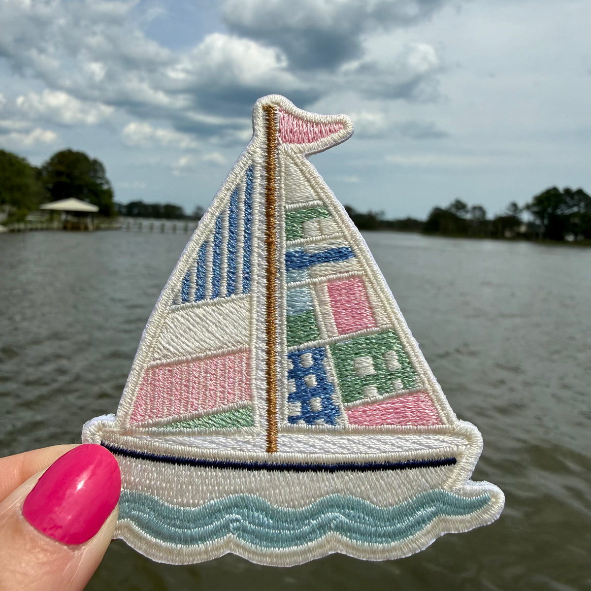 Patchwork Quilt Sailboat Embroidered Iron-On Patch