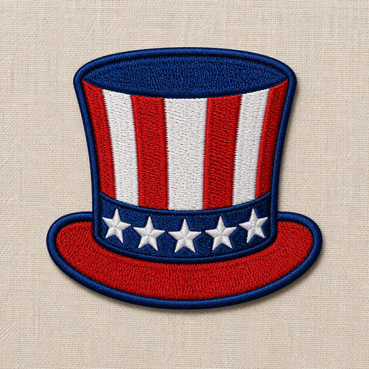 Embroidered patch of a top hat with American flag design on a beige fabric background

This is an embroidered patch of an uncle sam style hat with red, white, and blue design on a beige background. Great for 4th of July or Americana themes! 