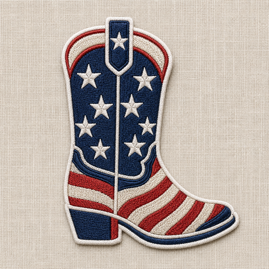 Embroidered patch of a cowboy boot with American flag design on a beige fabric background

This is an embroidered patch of western boot / cowboy boot with red, white, and blue design on a beige background. Great for country concerts, 4th of July or Americana themes! 
