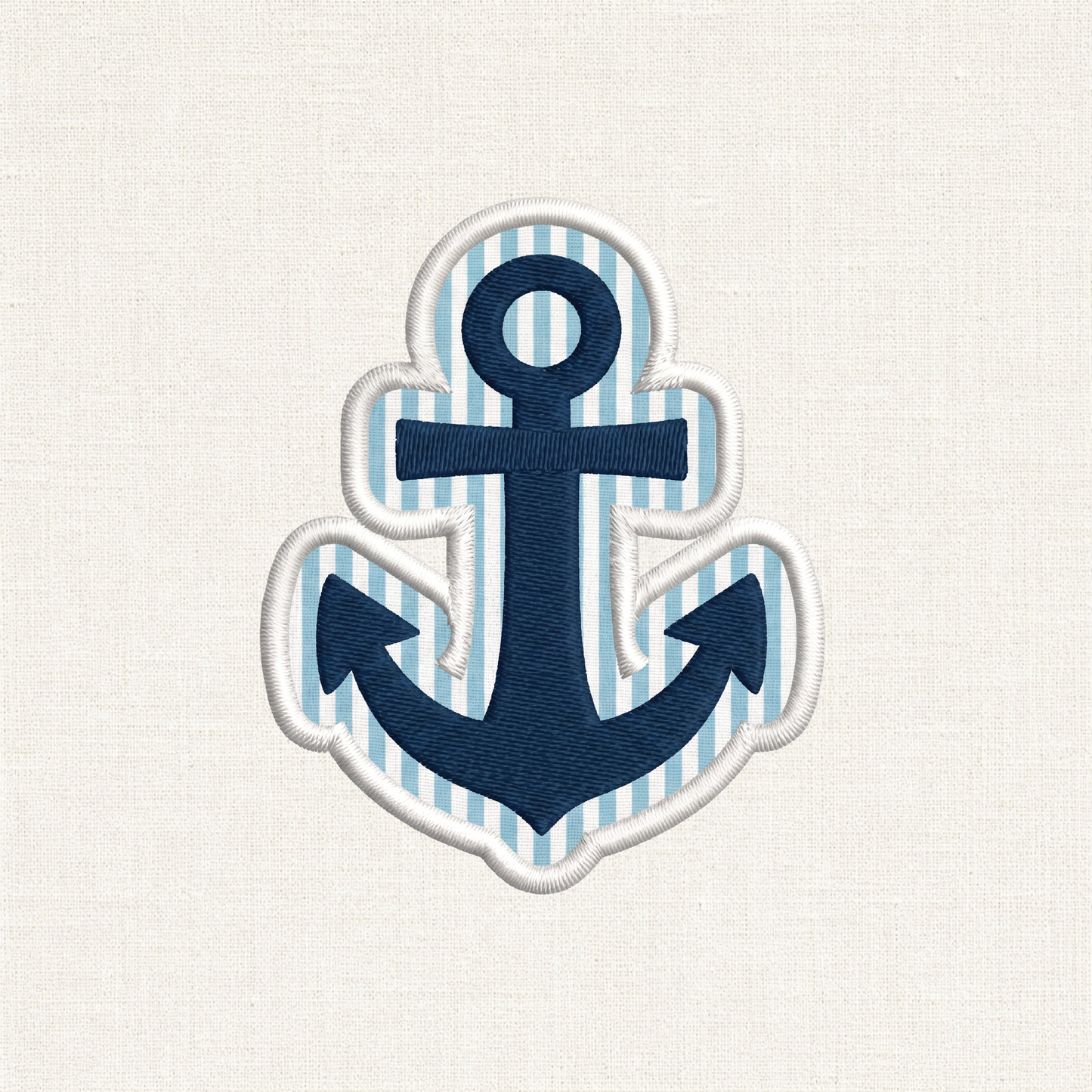 A close-up of an anchor shaped embroidered patch. In the center is a navy blue anchor, set against a background of alternating horizontal stripes similar to seersucker. The entire patch is enclosed by a clean, raised white merrowed border.

Navy blue anchor patch on a striped background