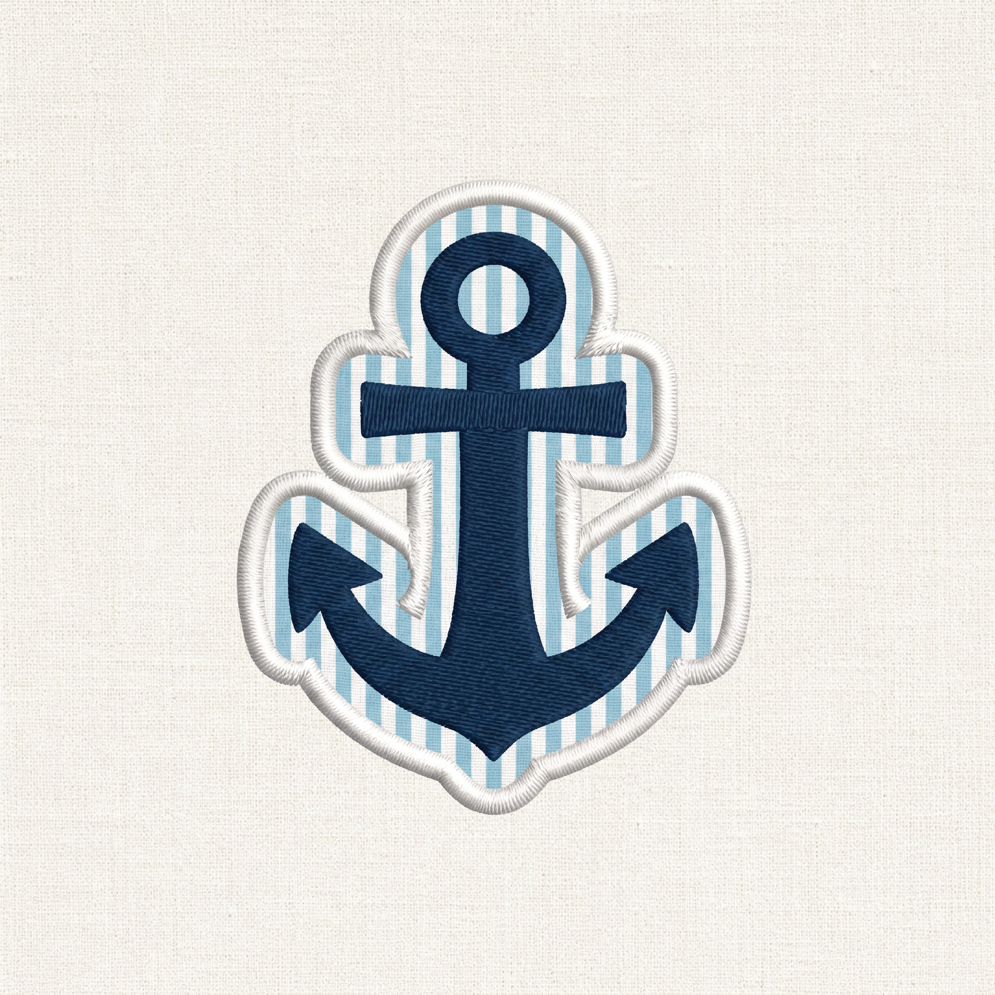 A close-up of an anchor shaped embroidered patch. In the center is a navy blue anchor, set against a background of alternating horizontal stripes similar to seersucker. The entire patch is enclosed by a clean, raised white merrowed border.

Navy blue anchor patch on a striped background