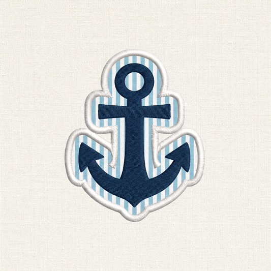 A close-up of an anchor shaped embroidered patch. In the center is a navy blue anchor, set against a background of alternating horizontal stripes similar to seersucker. The entire patch is enclosed by a clean, raised white merrowed border.

Navy blue anchor patch on a striped background