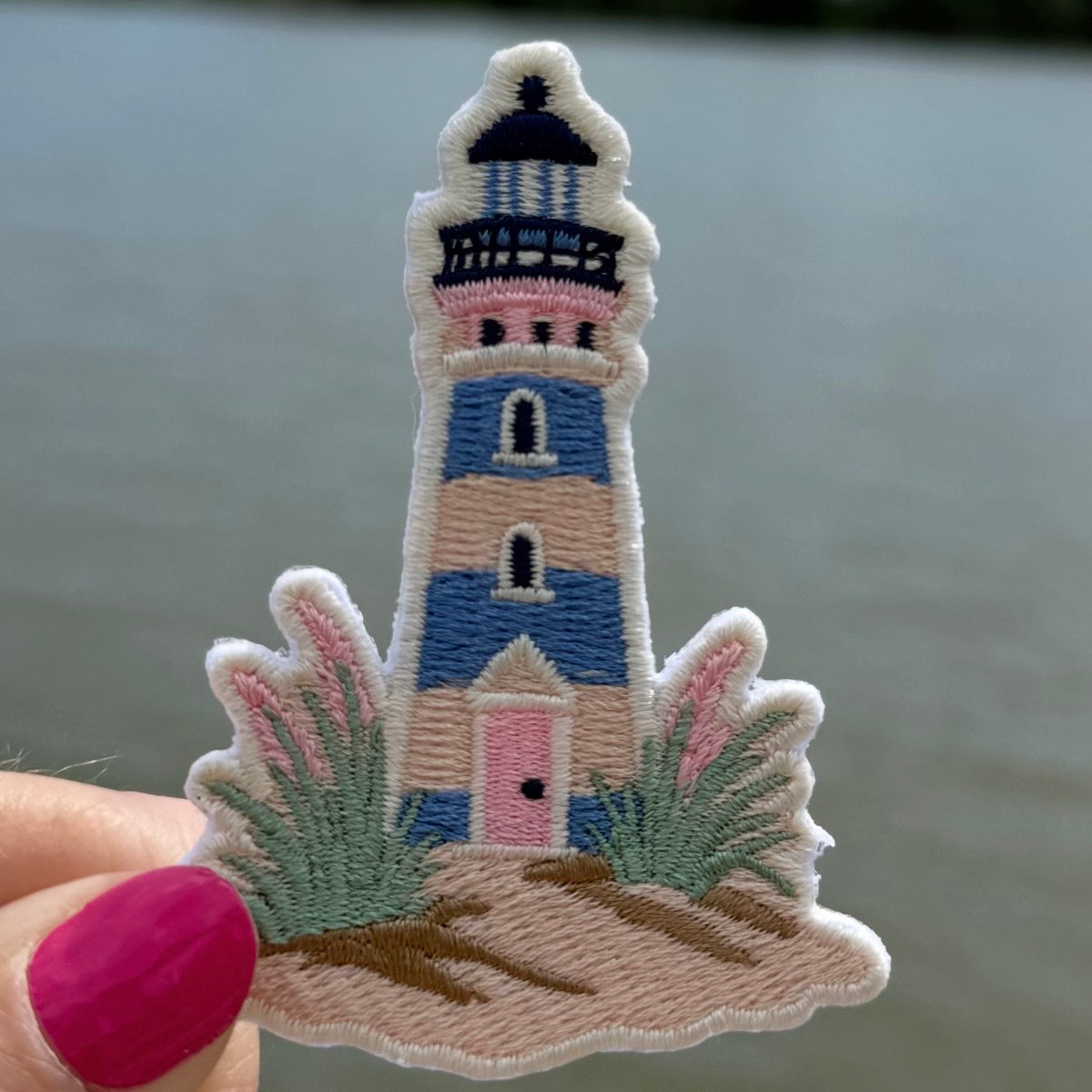 Coastal Lighthouse Embroidered Iron-On Patch (Stripes)