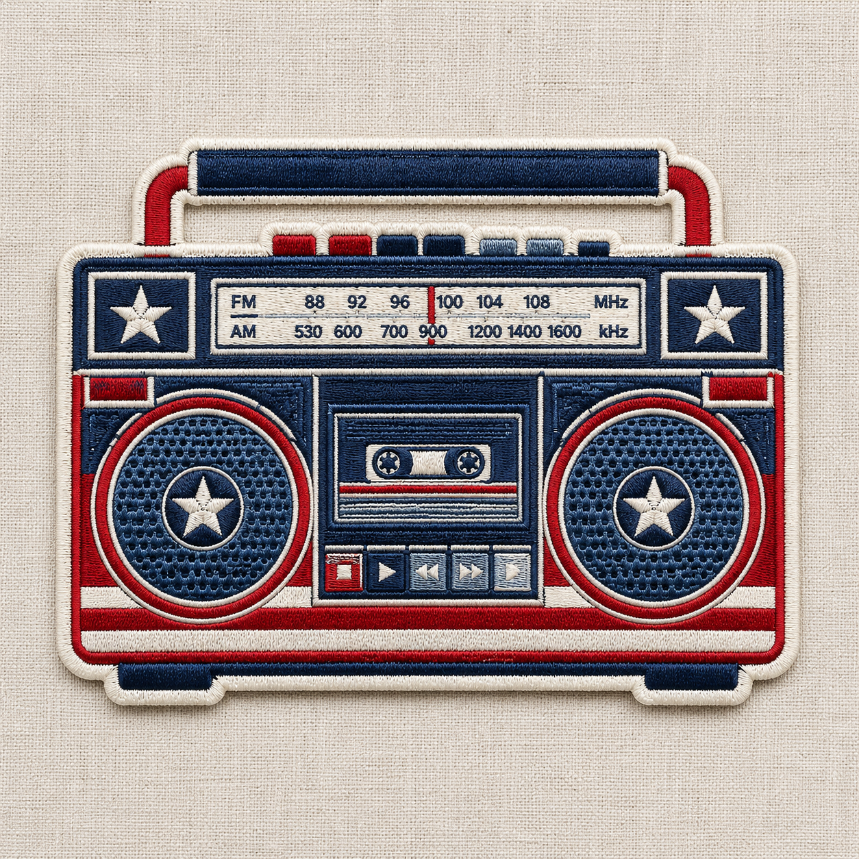 Embroidered patch of a retro radio boom box with American flag design on a textured fabric background

This is an embroidered patch of a retro radio boom box with red, white, and blue design on a beige background. Great for 4th of July or Americana themes as well as vintage nostalgia patches! 