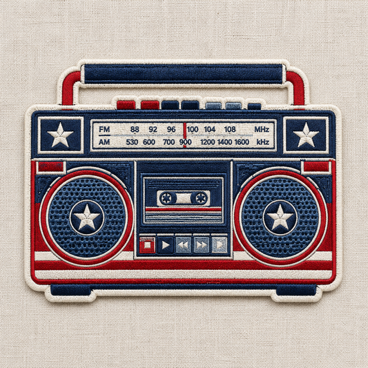 Embroidered patch of a retro radio boom box with American flag design on a textured fabric background

This is an embroidered patch of a retro radio boom box with red, white, and blue design on a beige background. Great for 4th of July or Americana themes as well as vintage nostalgia patches! 