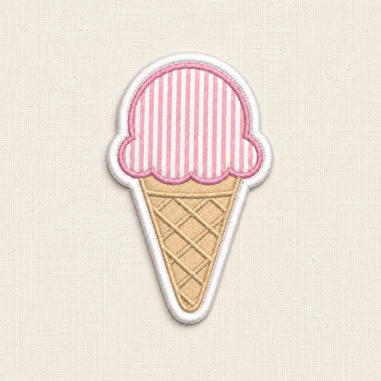 Ice cream cone patch with pink striped top on a beige background