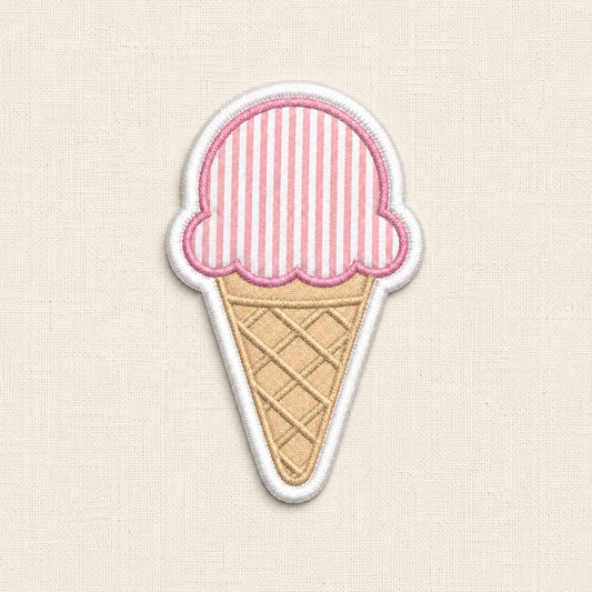 Ice cream cone patch with pink striped top on a beige background