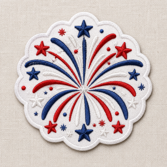 This is an embroidered patch of fireworks with red, white, and blue design on a beige background. Great for 4th of July or Americana themes! 

Decorative patch with red, blue, and white fireworks and stars on a beige background