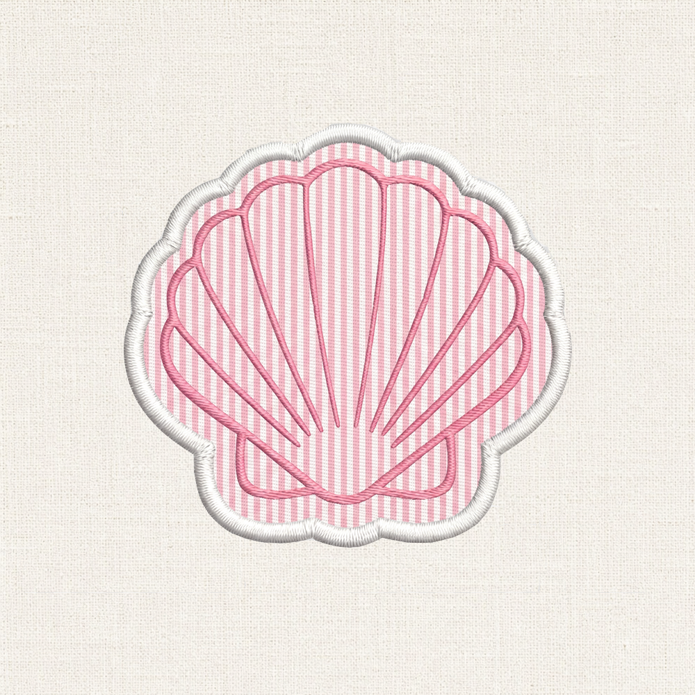 A close-up of a seashell shaped embroidered patch. In the center is a seashell, set against a background of alternating horizontal stripes similar to seersucker. The entire patch is enclosed by a clean, raised white merrowed border.

Pink shell design on a textured beige background