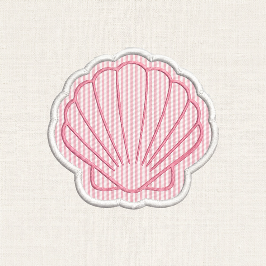 A close-up of a seashell shaped embroidered patch. In the center is a seashell, set against a background of alternating horizontal stripes similar to seersucker. The entire patch is enclosed by a clean, raised white merrowed border.

Pink shell design on a textured beige background