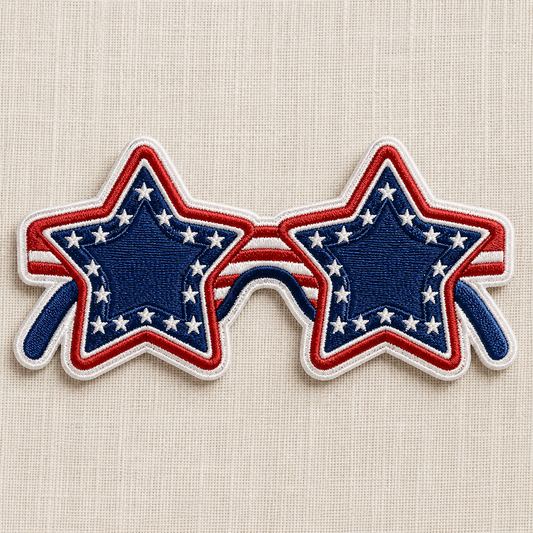 This is an embroidered patch of star-shaped sunglasses with red, white, and blue design on a beige background. Great for 4th of July or Americana themes! 