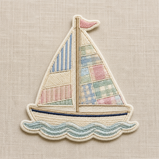 Patchwork Quilt Sailboat Embroidered Iron-On Patch