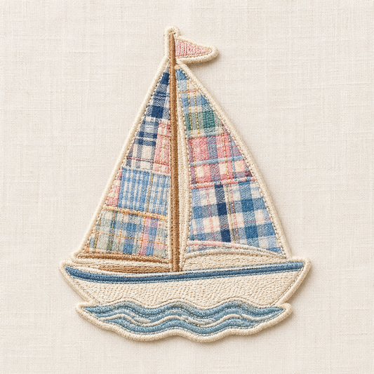 Madras Patchwork Sailboat Embroidered Iron-On Patch